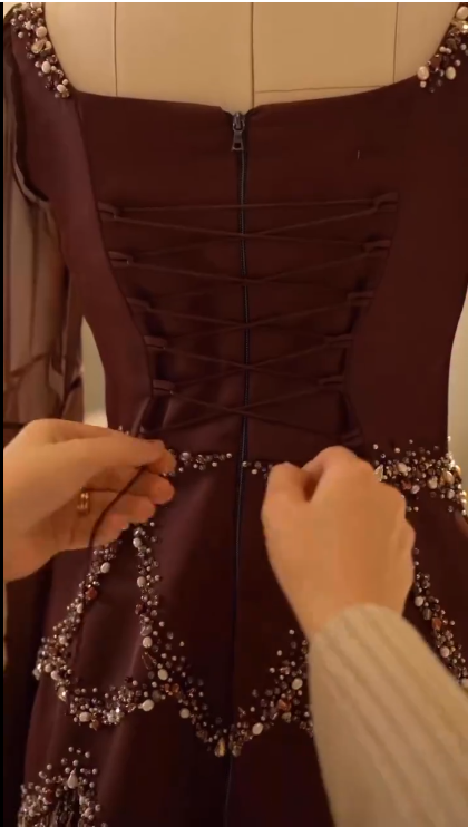 Gorgeous Brown Satin Chiffon Beaded Mermaid Prom Dress Long Party Gown