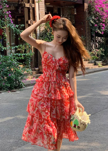 Cute Floral Sweetheart Spaghetti Strap Short A-Line Tiered Party Dress Cocktail Dress Homecoming Dress TP4431