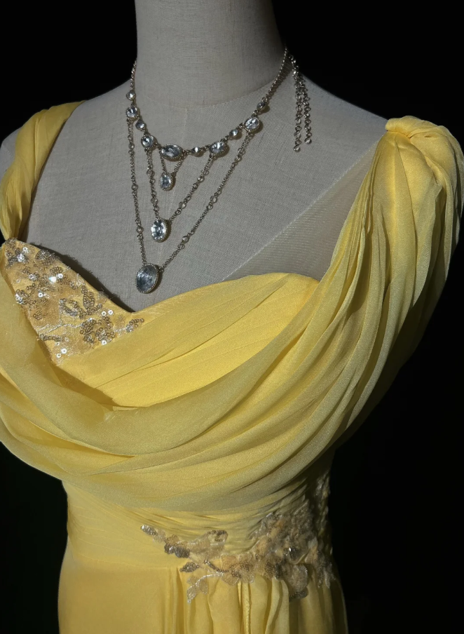 Glamorous Yellow Chiffon Sequin Mermaid Long Party Dress Prom Gown Formal Wedding Guest Dress