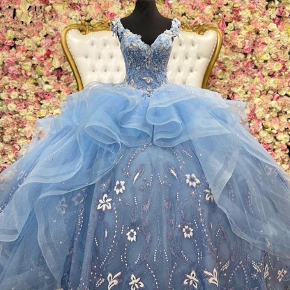 Off The Shoulder Blue Ball Gown Puffy Sweet 16 Dress c3281