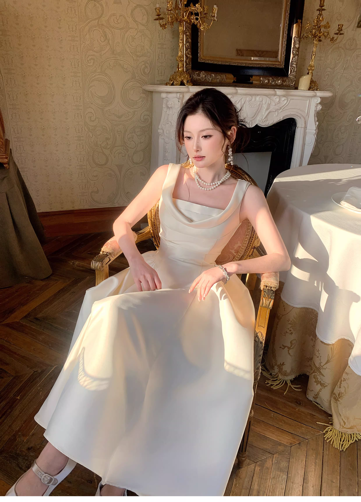 Elegant White Sleeveless Satin A Line Long Wedding Guest Dress Formal Birthday Evening Dress SP1641
