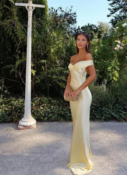 Enchanting Off-the-shoulder Satin Mermaid Floor-length Prom Dress Evening Dress TP4324