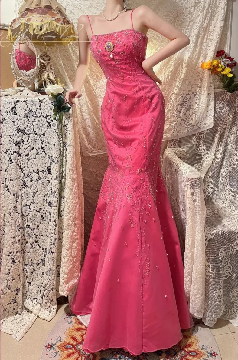 Charming Spaghetti Straps Satin Beaded Mermaid Prom Dress Hot Pink Long Party Dress SP409