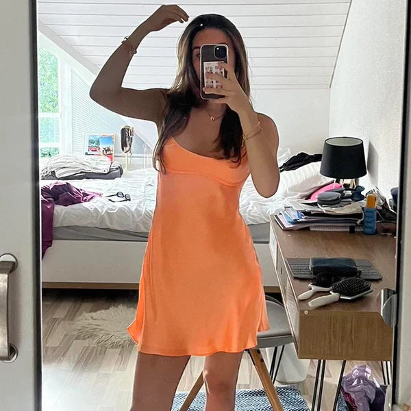 Cute Orange Satin Spaghetti Strap Sheath Short Party Dress Cocktail Dress Homecoming Dress TP4457