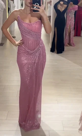 Vintage Pink Glittering Tulle Strapless Evening Gown Sheath Party Dress Long Formal Dress TP4973