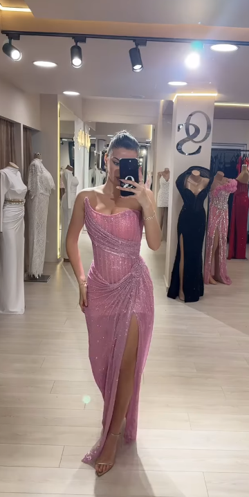 Sparkly Sheath Pink Sequin Long Prom Dresses Strapless 22th Birthday Outfit Graduation Dress