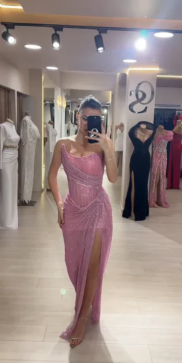 Vintage Pink Glittering Tulle Strapless Evening Gown Sheath Party Dress Long Formal Dress TP4973