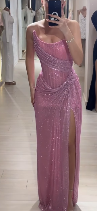 Sparkly Sheath Pink Sequin Long Prom Dresses Strapless 22th Birthday Outfit Graduation Dress