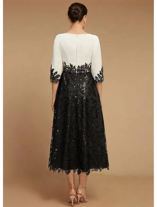 omberprom A-Line Mother of the Bride Dress Wedding Guest Elegant Vintage Jewel Neck Tea Length Lace Half Sleeve with Lace