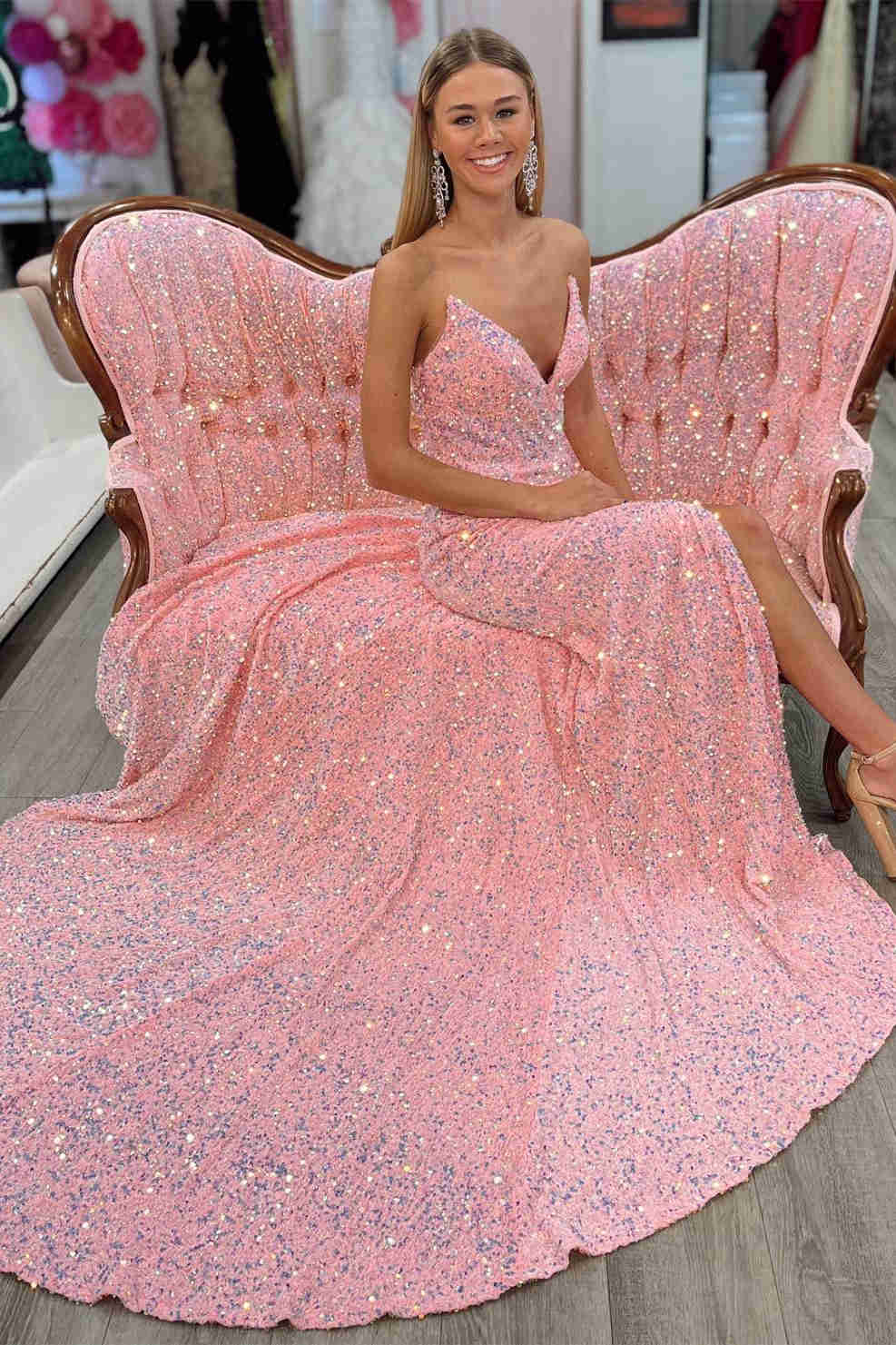 Light Blue V-Neck Sequins Long Prom Dress with Slit Y831