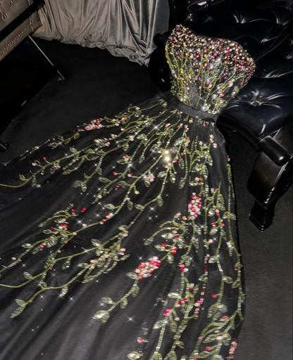 Gorgeous Black Strapless Tulle Beaded Long Prom Dress party Gown