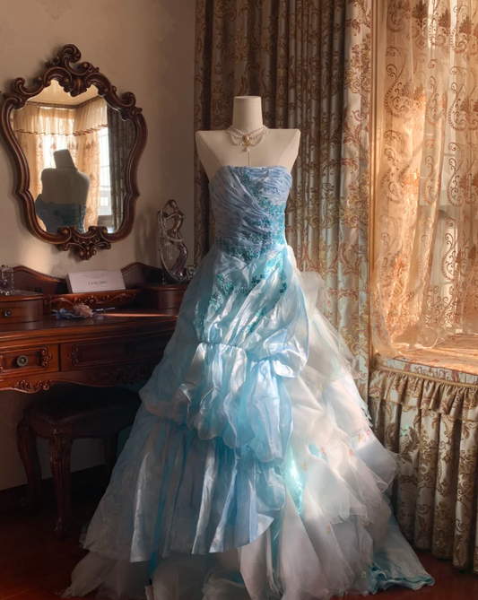 Elegant Blue Strapless Tulle Satin Appliques Long Party Dress Birthday Prom Gown