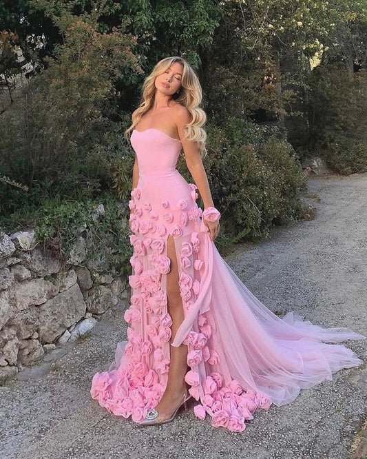 Elegant Pink Strapless 3D Flowers Evening Dress Tulle Mermaid Slit Long Prom Dress TP4997