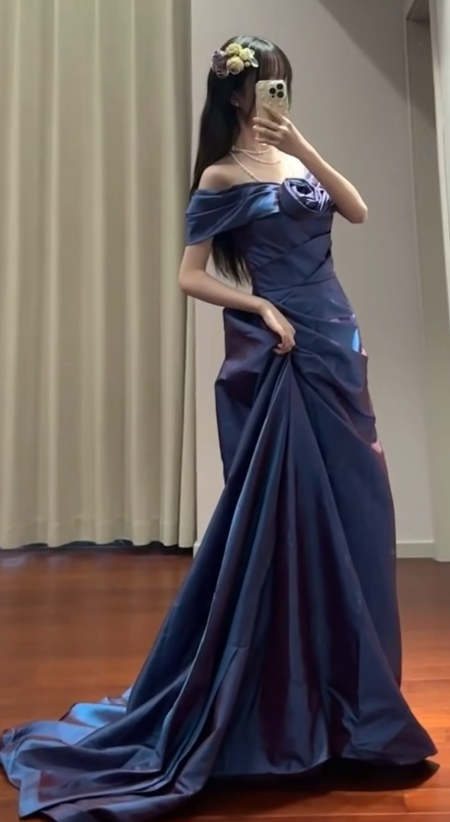 Elegant Long Prom Dresses Satin Navy Blue Wedding Guest Dress Classy