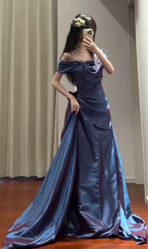 Elegant Long Prom Dresses Satin Navy Blue Wedding Guest Dress Classy