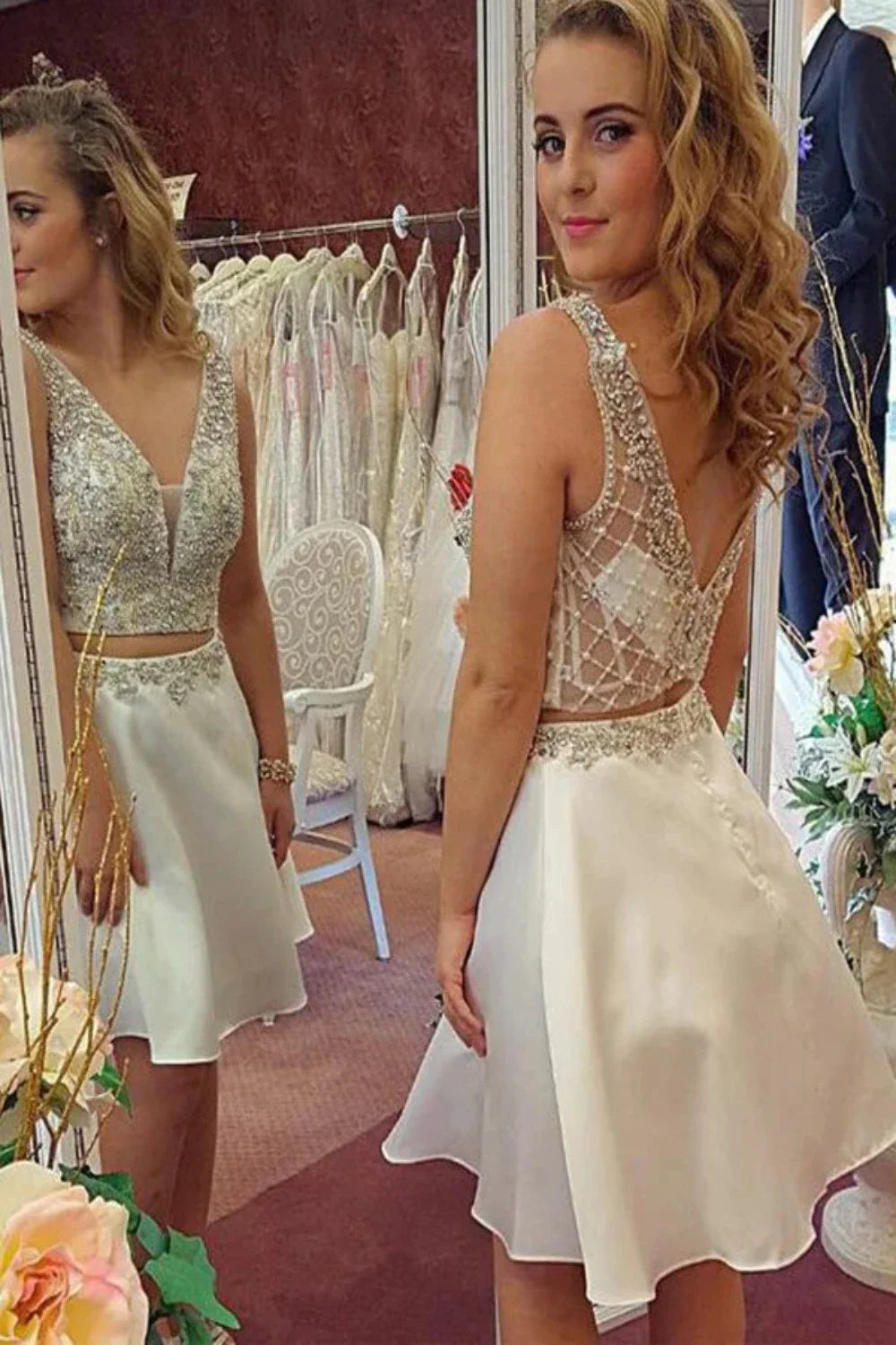 PM135,2022 Two-Pieces Homecoming Dresses V-Neck Short/Mini Satin With Beading
