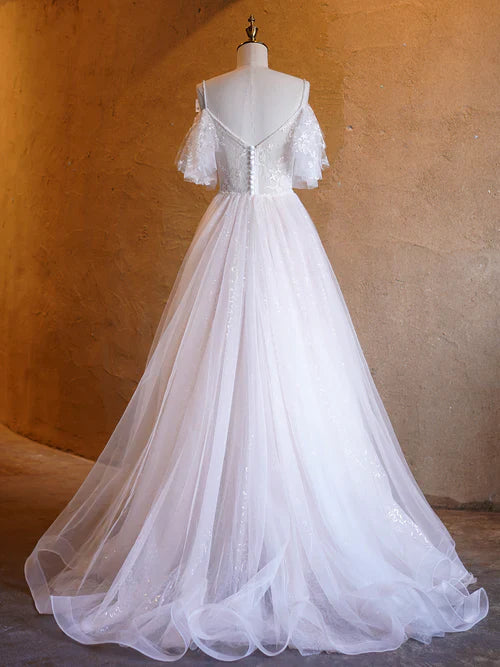 omberprom Elegant A-line V-neck Evening Dress Pearl Embellished Tulle Lace Floor Length Prom Dresses