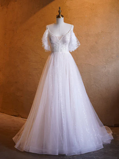 omberprom Elegant A-line V-neck Evening Dress Pearl Embellished Tulle Lace Floor Length Prom Dresses