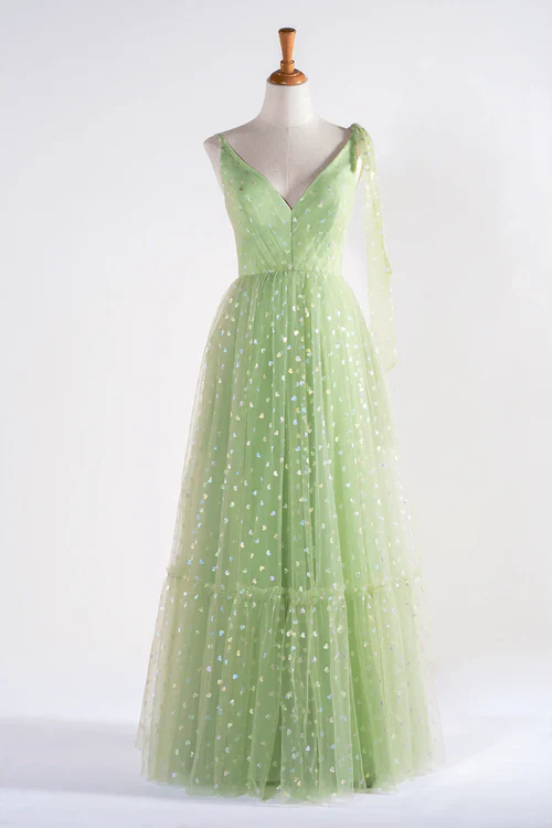 omberprom Elegant A Line Evening Dress V-neck Sleeveless Dotted Tulle Long Prom Dress