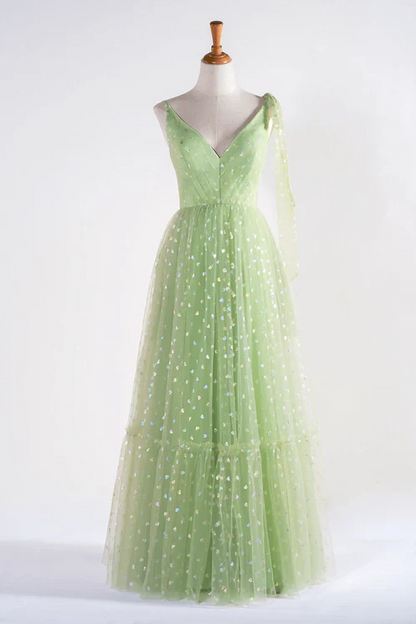 omberprom Elegant A Line Evening Dress V-neck Sleeveless Dotted Tulle Long Prom Dress