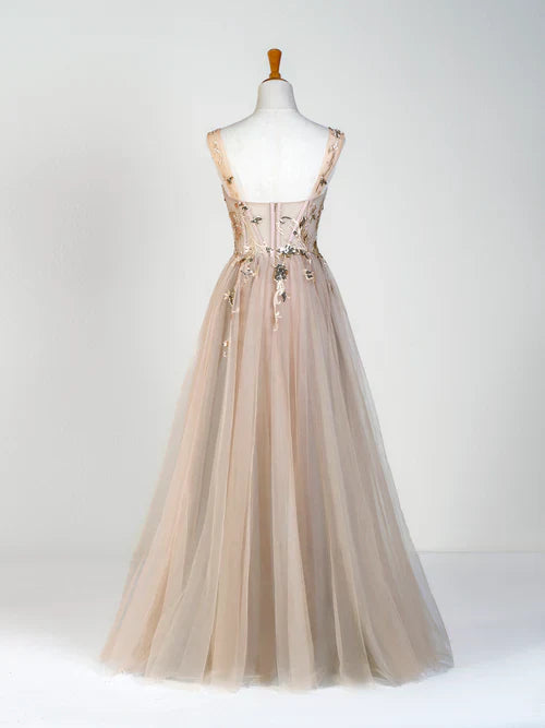 omberprom Elegant Evening Dress Corset Lace Floor Length Tulle Applique Prom Dress