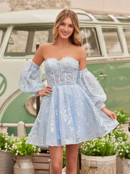 Vintage Sequin Appliqued Off-the-shoulder Design A-line Sweetheart Homecoming Dress TP3765