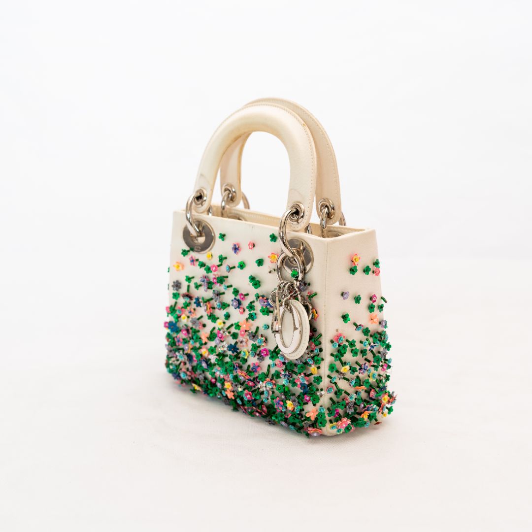 Dior White Satin Mini Lady Dior with Beaded Detail