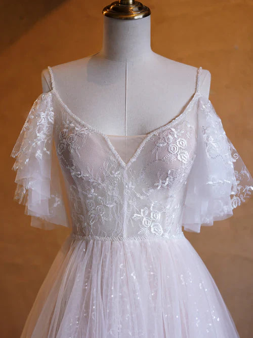 omberprom Elegant A-line V-neck Evening Dress Pearl Embellished Tulle Lace Floor Length Prom Dresses