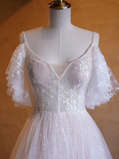 omberprom Elegant A-line V-neck Evening Dress Pearl Embellished Tulle Lace Floor Length Prom Dresses