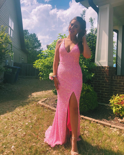 Pink Halter Neckline Sequins Prom Dress Sexy Evening Dress Side Slit Y268