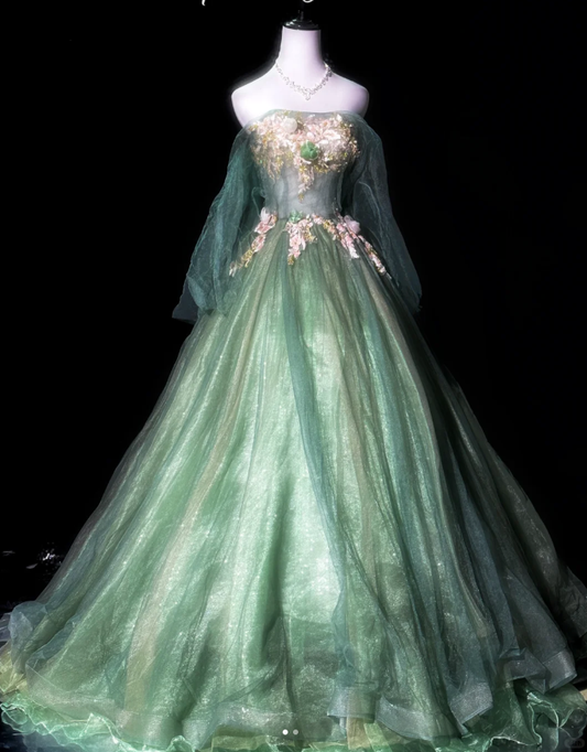 Charming Green Tulle Lace Appliques Long Prom Dress Evening Gown