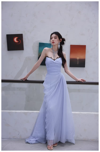Classy Haze Blue Strapless Tulle Pleated Mermaid Long Party Dress Evening Gown