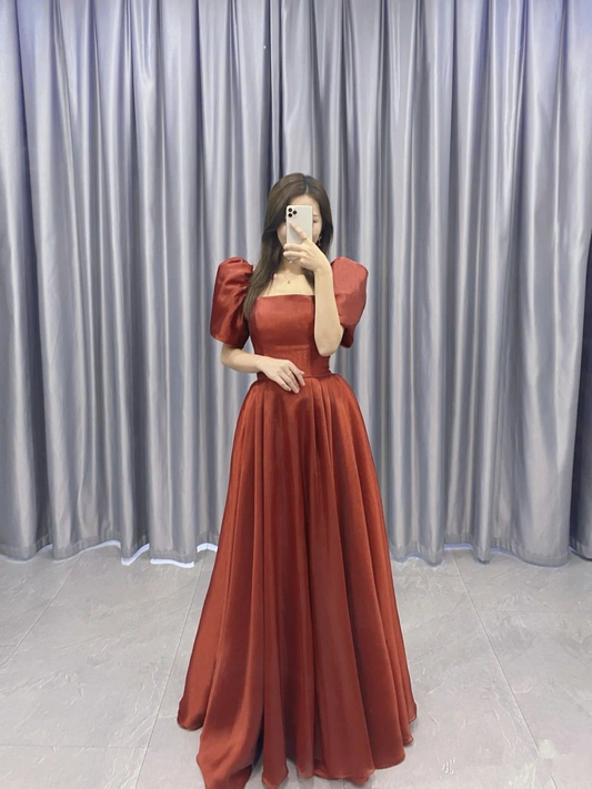 Modest A-line Satin Long Prom Dress Fashion Party Gown Y5142