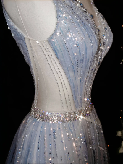 Glamorous V Neck Tulle Beaded Feathers A Line Prom Dress Evening Dress Y8682
