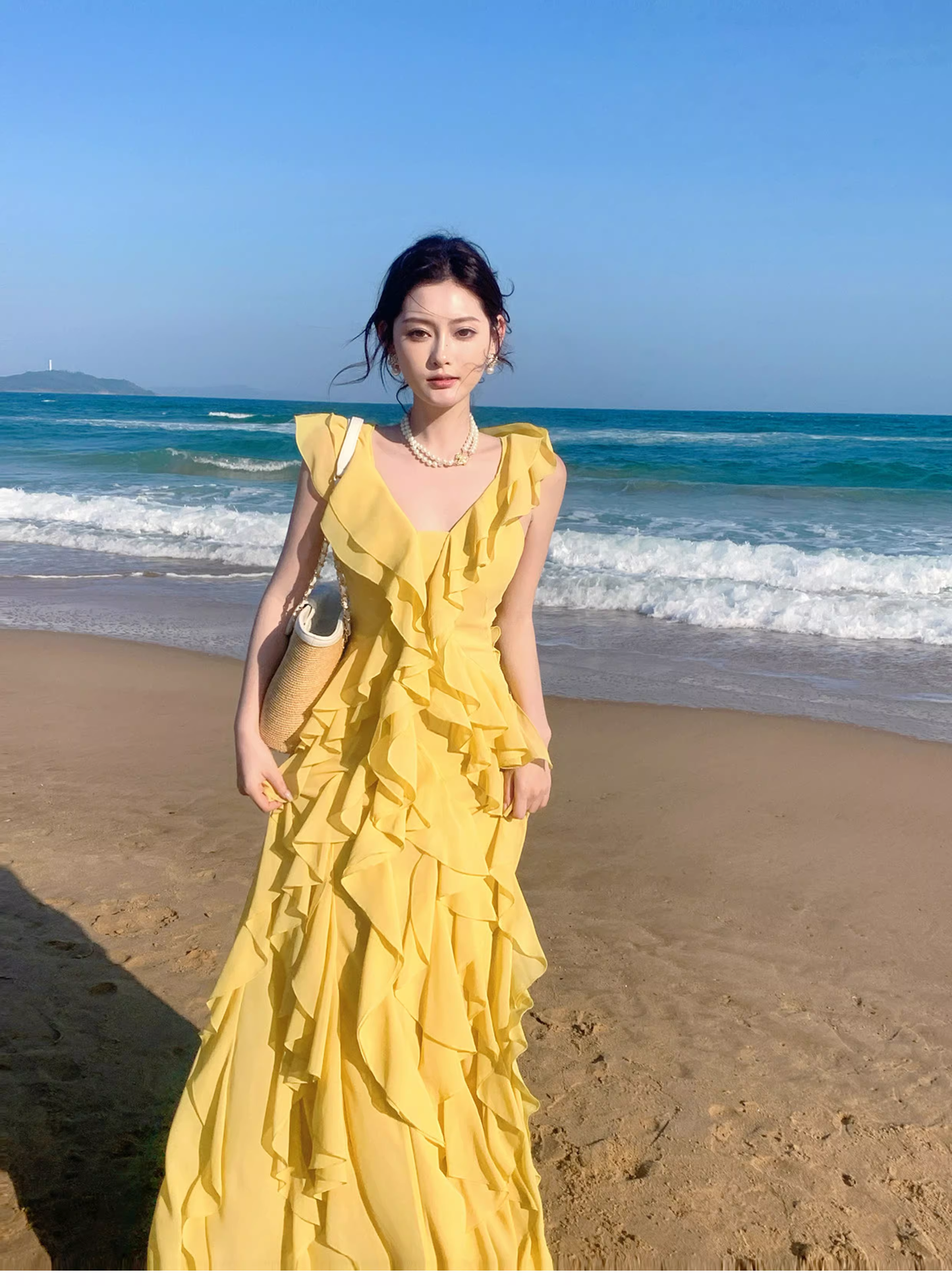 Classy Yellow Chiffon Layered Ruffles Mermaid Evening Dress Long Birthday Dress SP1648