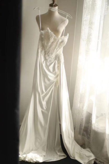 Elegant Strapless White Satin Appliques Mermaid Long Wedding Guest Dress Birthday Party Dress SP1203