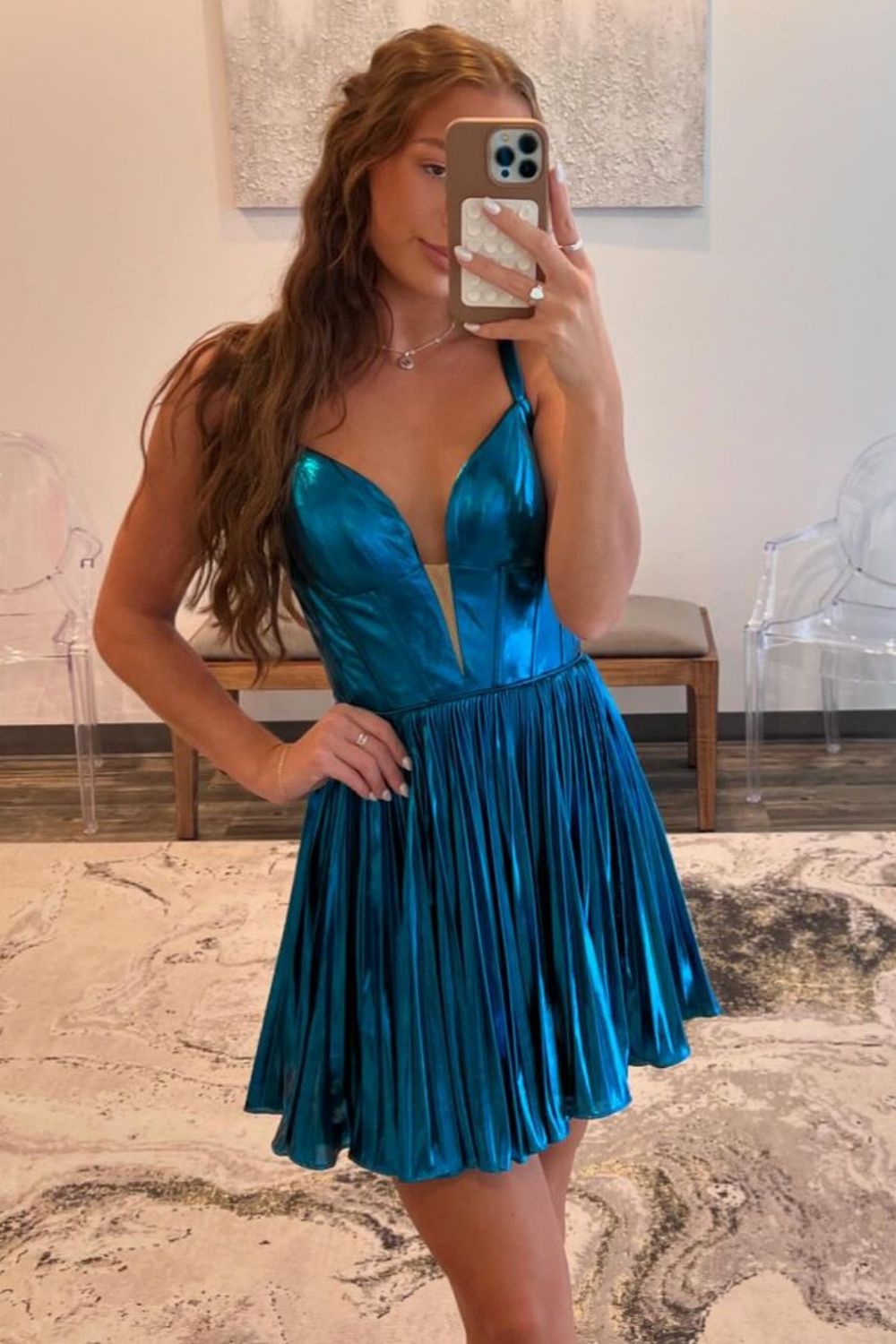 Chic Dark Blue A-Line Straps Open Back Metallic Short Dress Homecoming Dress