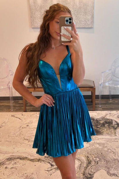 Chic Dark Blue A-Line Straps Open Back Metallic Short Dress Homecoming Dress