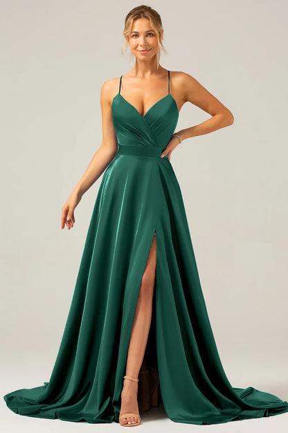 omberprom Dark Green A Line Prom Dresses Spaghetti Straps Pleated Satin Maxi Dress with Slit