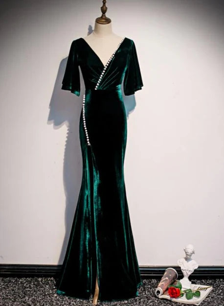 omberprom Elegant Velvet Mermaid Prom Dress with Slit V-neckline Formal Dress Party Dress Long Evening Dress Wholesale