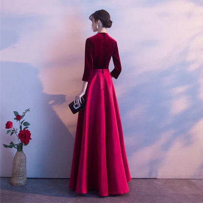 Dark Red Satin and Velvet Simple Long Wedding Party Dress Evening Dresses Prom Dresses Elegant Wholesale