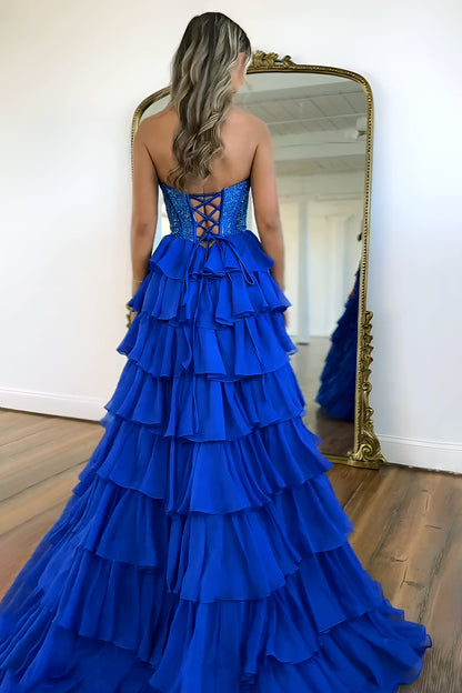 Yellow Strapless Corset A-Line Prom Dress with Layered Ruffle Skirt and Slit