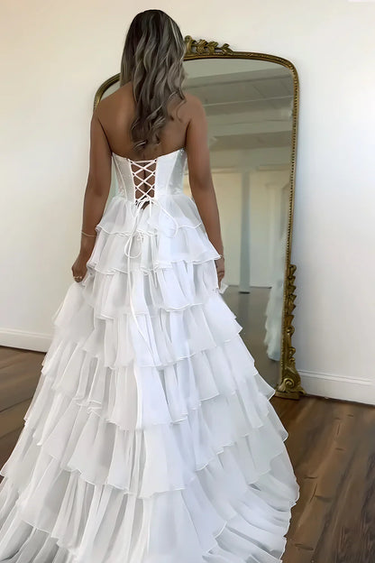 Yellow Strapless Corset A-Line Prom Dress with Layered Ruffle Skirt and Slit