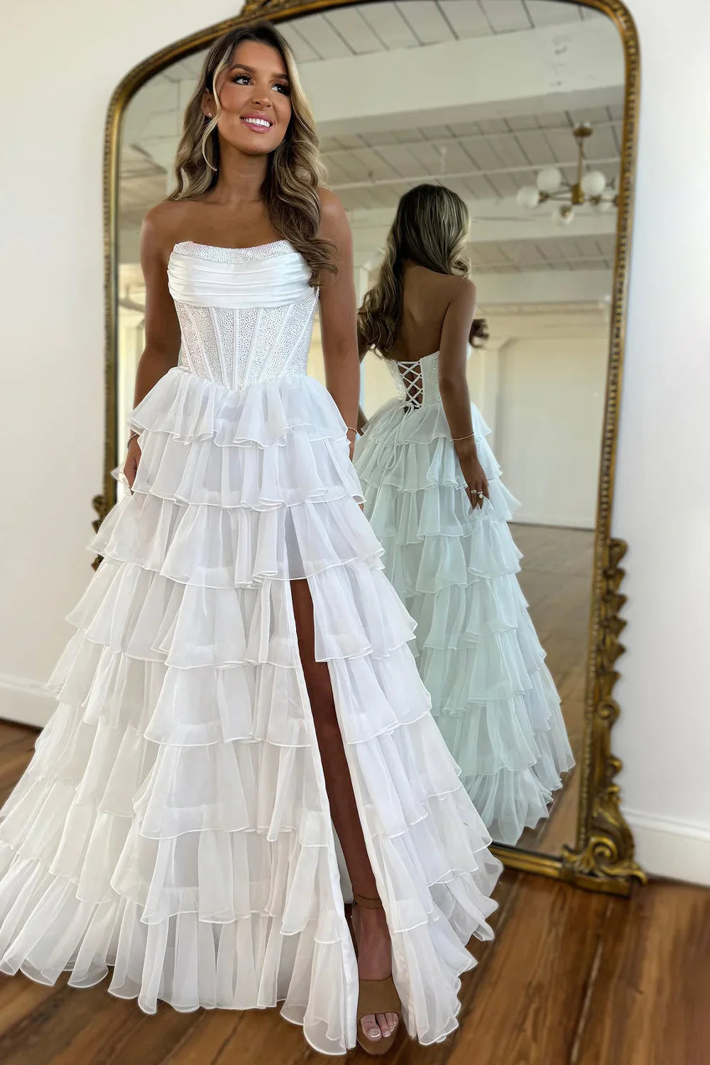 Yellow Strapless Corset A-Line Prom Dress with Layered Ruffle Skirt and Slit