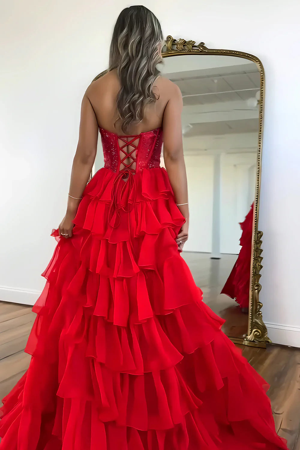 Yellow Strapless Corset A-Line Prom Dress with Layered Ruffle Skirt and Slit