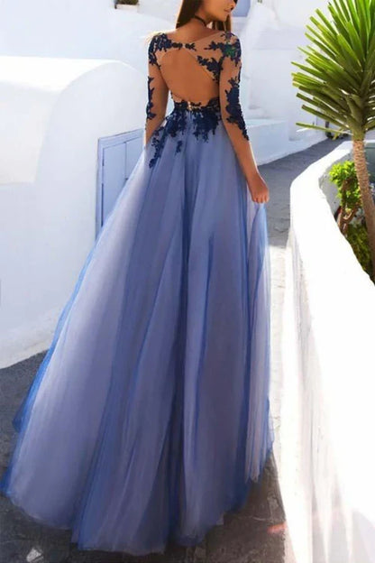 omberprom Sexy Long Back Prom Dresses Sleeves Blue Lace Open Evening Dresses