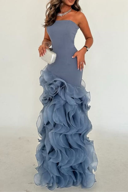 Elegant Mermaid Strapless Dusty Blue Long Tulle Prom Dress with Ruffle