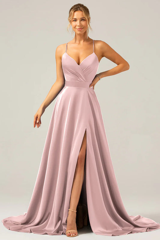 omberprom Dark Green A Line Prom Dresses Spaghetti Straps Pleated Satin Maxi Dress with Slit