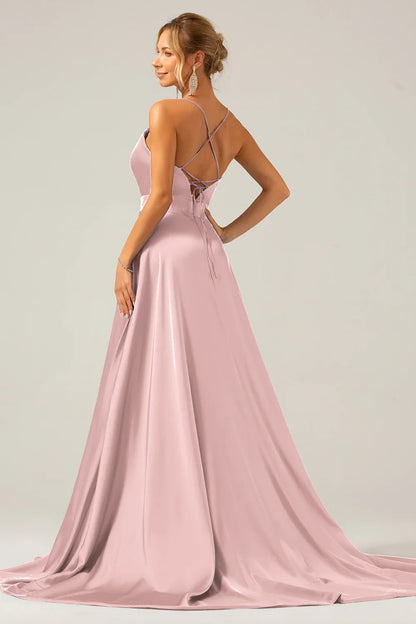omberprom Dark Green A Line Prom Dresses Spaghetti Straps Pleated Satin Maxi Dress with Slit