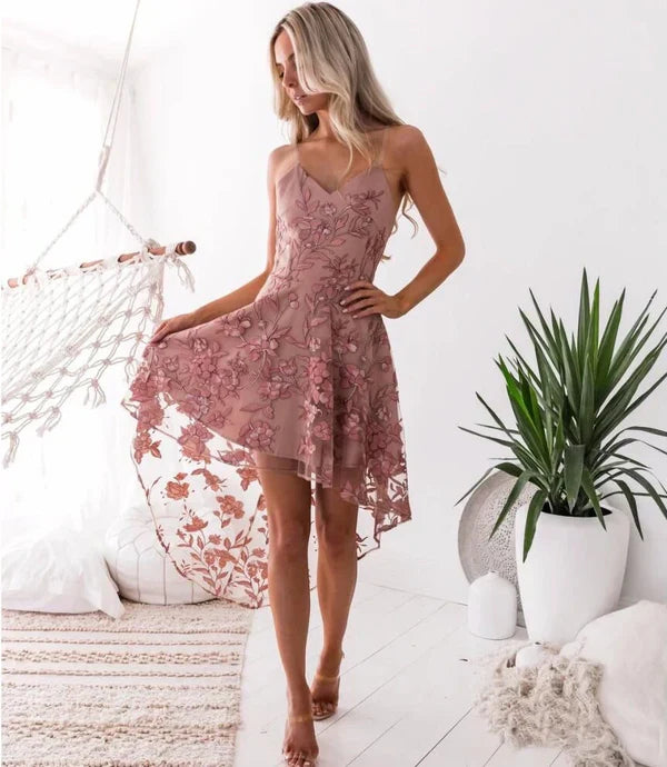 Charming Dusty Rose Lace Appliqued Design A-line Spaghetti Strap Homecoming Dress TP3616